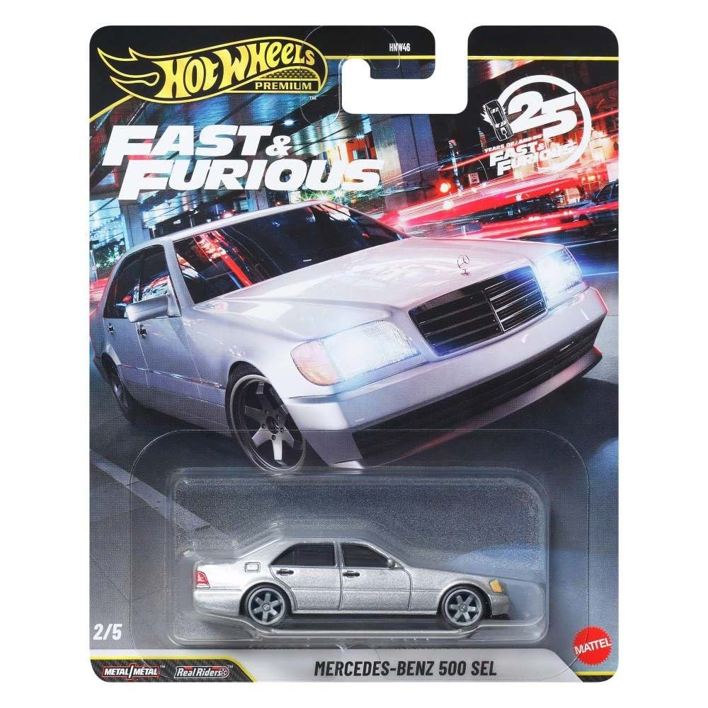 Hot Wheels Cars, Premium Fast & Furious 1:64 Scale Mercedes Benz 500 Sel Die-Cast Car for Collectors Inspired by Fast & Furious Movie Franchise, JHW67