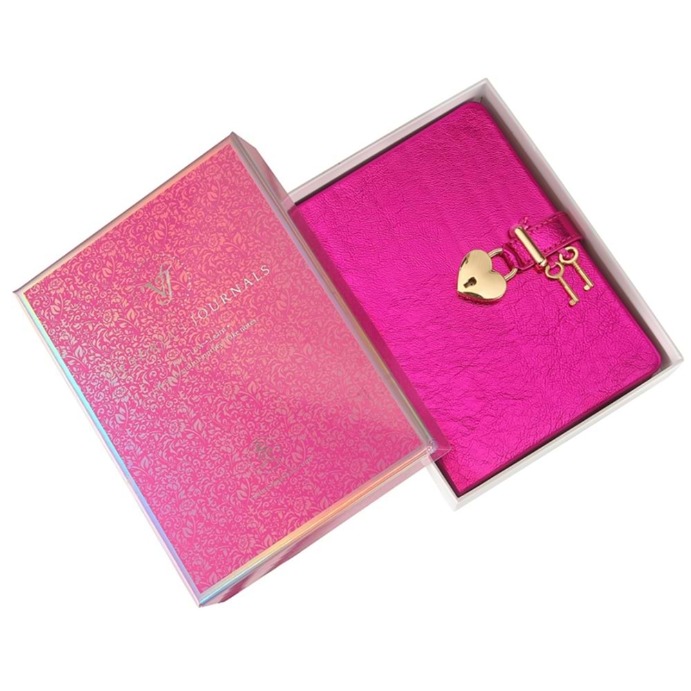 Victoria's Journals Hatıra Defteri 13x18 Hush Hush Kilitli Metalik Kapak Kutulu 160 YP Düz Pembe