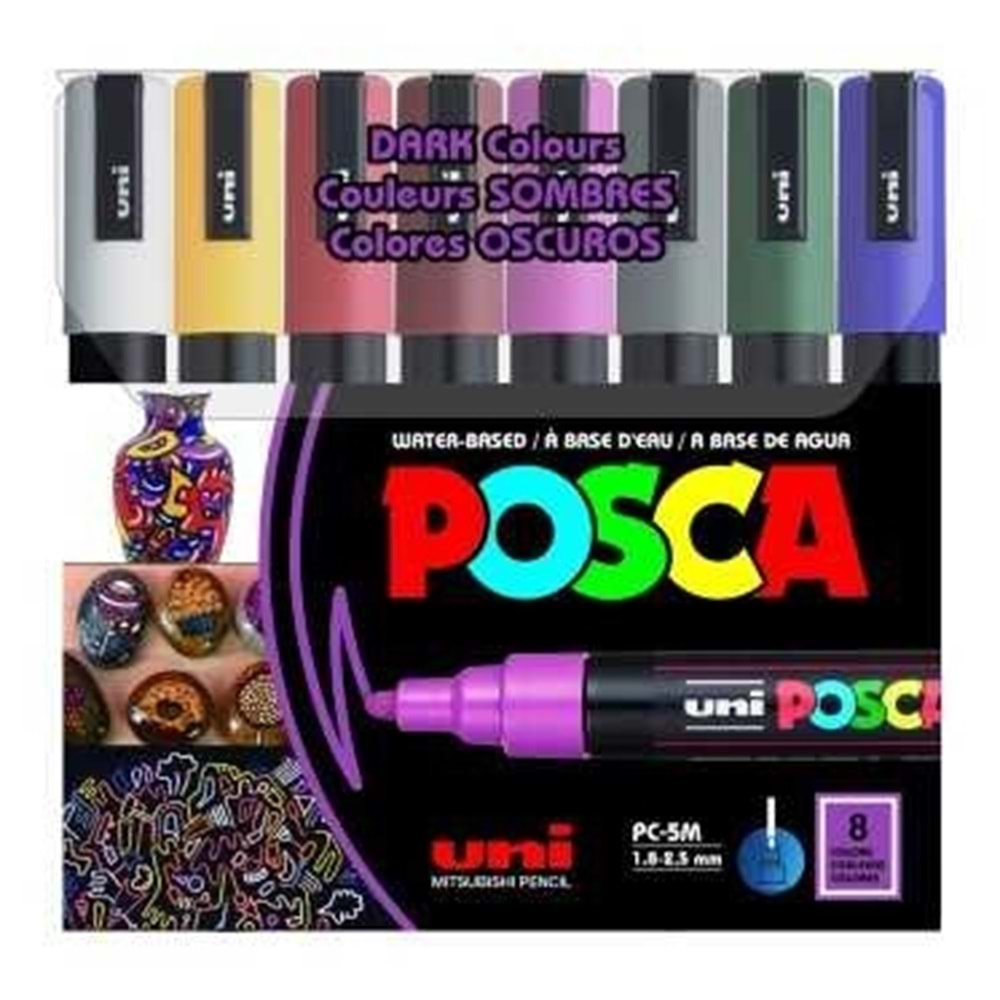 Uni Posca 1.8-2.5 Su Bazlı Poster Markörü Koyu Renk 8Li