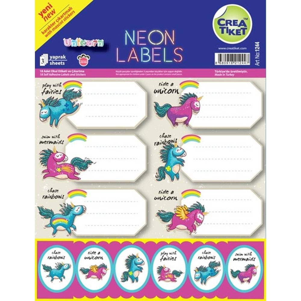 Crea Etiket 6 Etiket X 3 Yaprak Neon Unicorn