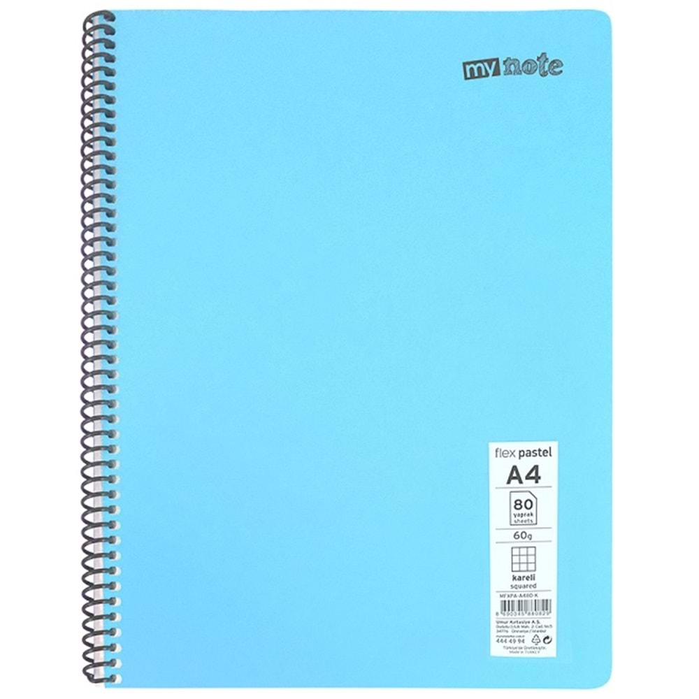 Mynote Spiralli PP Kapak A4 - 60 Yaprak Kareli Defter Pastel Renkler