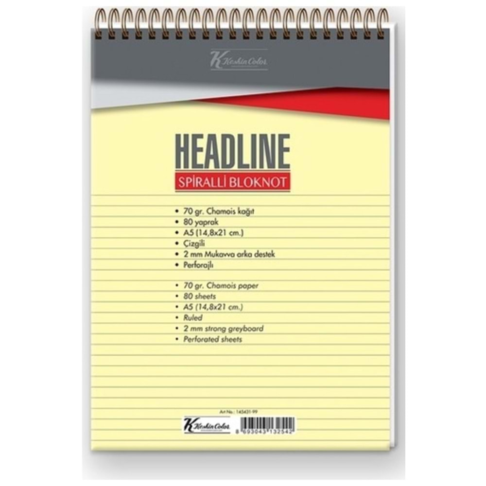 Keskin Color K.color Headline A5 Üstten Spiralli 80yp Çizgisiz Defter Bloknot ults