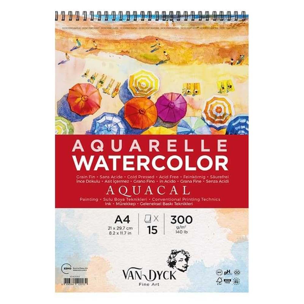 Van Dyck Aquacal Cold Press İnce Dokulu Sulu Boya Blok 300 gr 15 yp A4 Spiralli