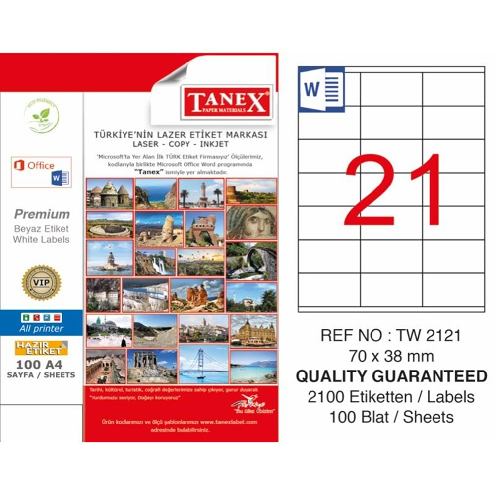 Tanex TW-2121 Lazer Etiket 70x38mm A/4 100 Yapraklı Paket