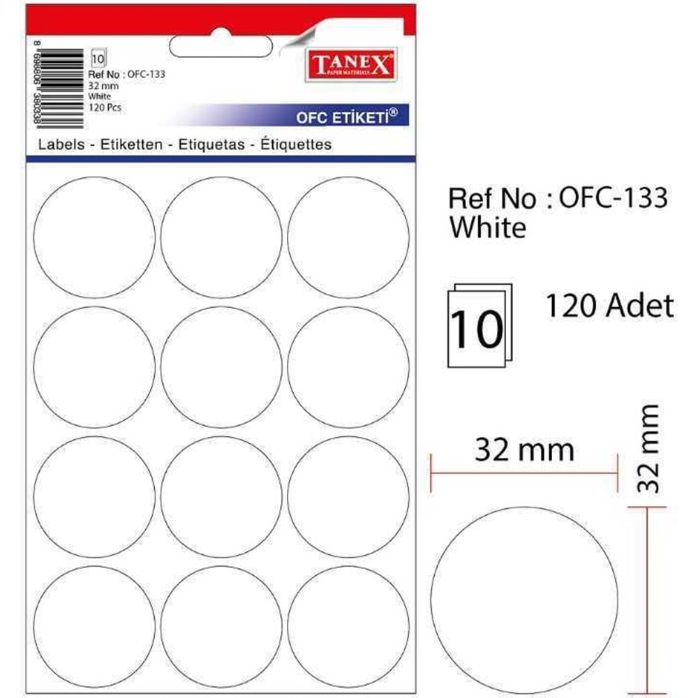 Tanex Ofis Etiketi Ofc-133 Beyaz 10 Yaprak X 12 Etiket: 120 Adet