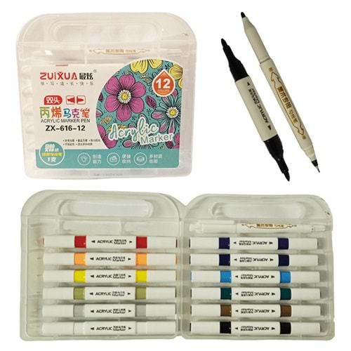 Zuixua İki Uçlu Akrilik Marker Her Zemin İçin 12 Renk