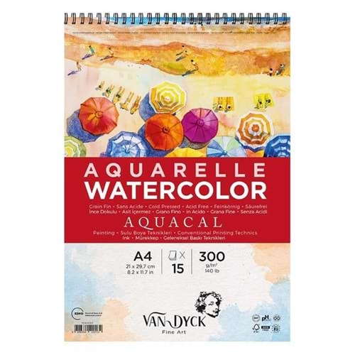 Van Dyck Aquacal Cold Press İnce Dokulu Sulu Boya Blok 300 gr 15 yp A4 Spiralli