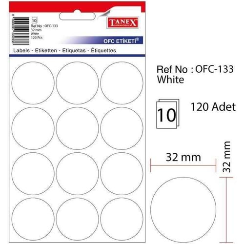 Tanex Ofis Etiketi Ofc-133 Beyaz 10 Yaprak X 12 Etiket: 120 Adet