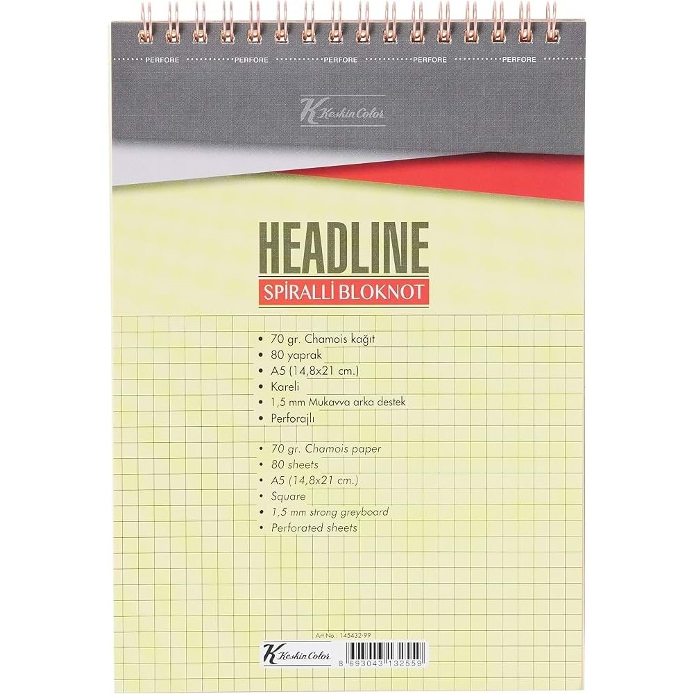 Keskin Color K.color Headline A5 Üstten Spiralli 80yp kareli Defter Bloknot ults